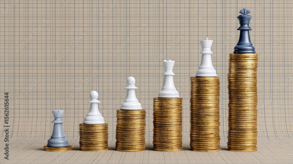 Poster graph paper texture under a digital chessboard with coins acting as data bars and space for design