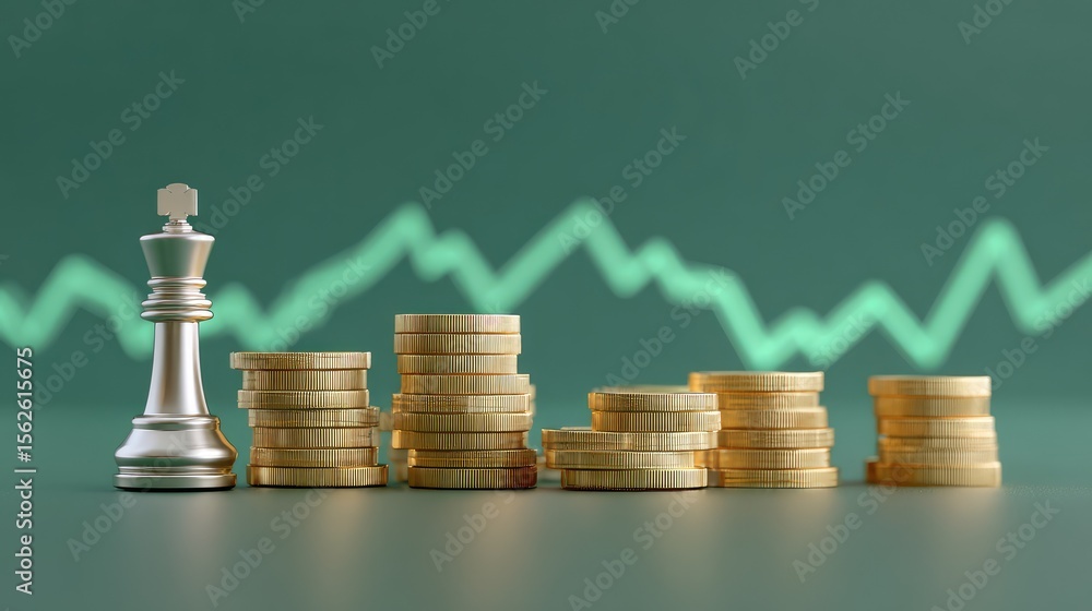 Poster high-angle view of a chessboard with rows of coins increasing in size and a line chart graph moving 