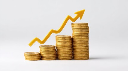 Growing stacked coins with a rising arrow chart behind, representing business growth and financial goals, isolated on white background