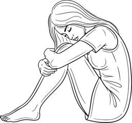 A minimalist line art vector illustration capturing the serene and contemplative posture of a woman sitting with her knees drawn to her chest
