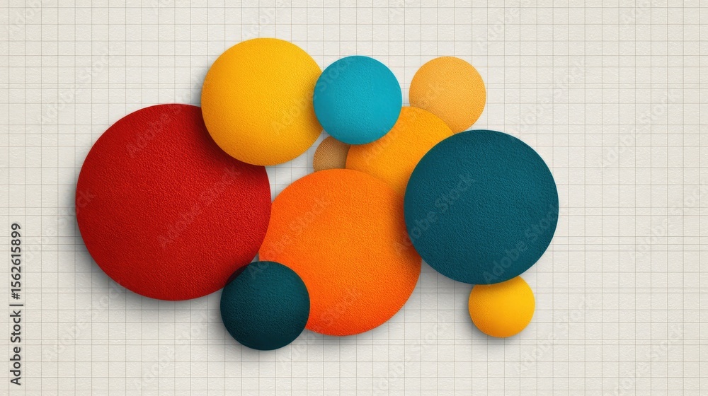 Poster layered modern background with flat colored circles over grid layout, simple design and negative spa