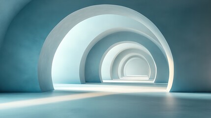 Obraz premium Minimalist Arch Shadow on Light Blue Paper: Negative Space Design with Soft Lighting for Branding Visuals