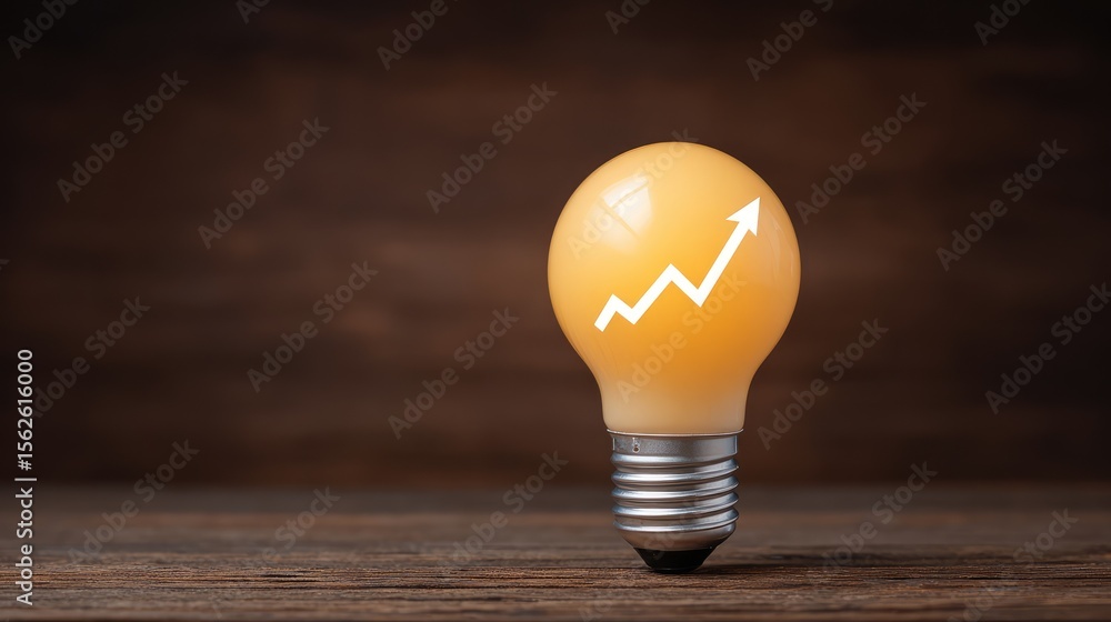 Poster Lightbulb and upward graph icon on wooden background representing new ideas and business goals with copy space