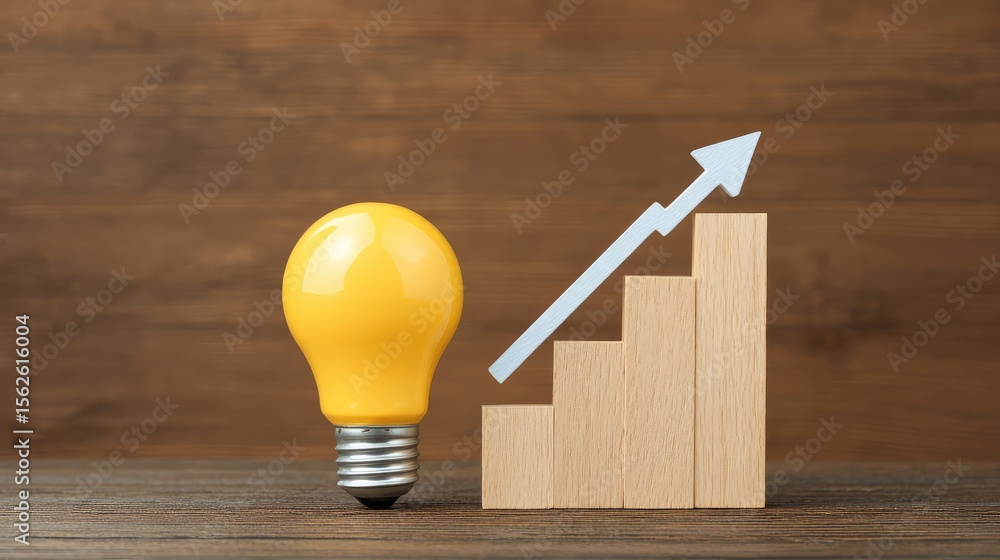 Poster lightbulb and upward graph icon on wooden background representing new ideas and business goals with 