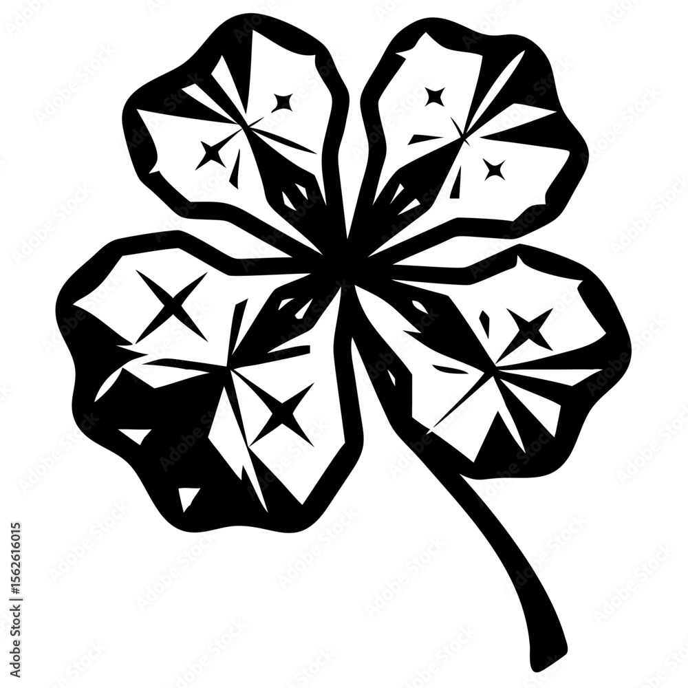 Poster Design of a Four Leaf Clover With Intricate Details and Star-Like Patterns