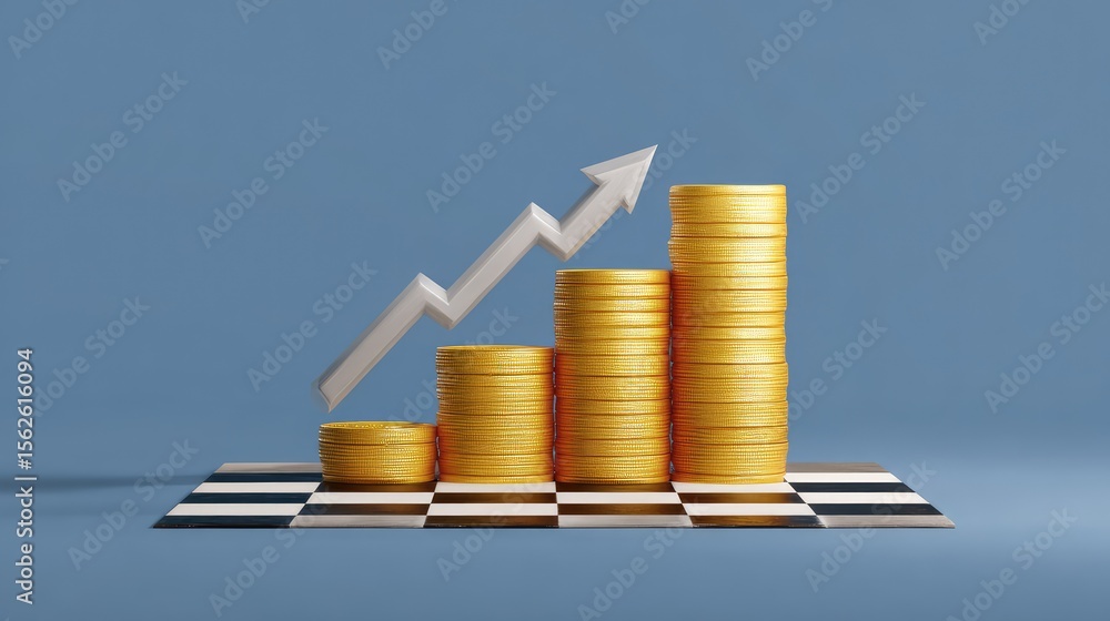 Aufkleber market strategy concept with upward arrow and coin piles on alternating chess squares, minimal desig