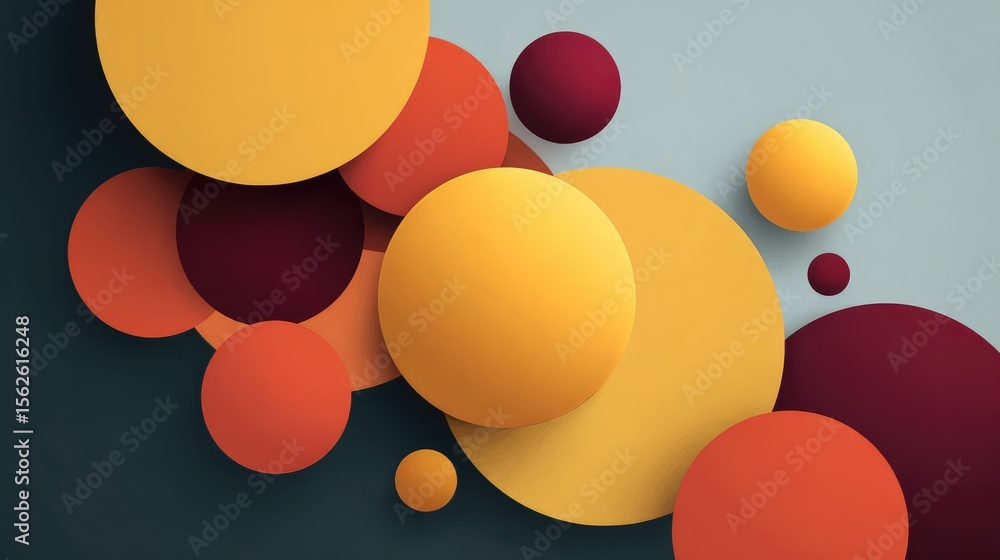 Poster muted tone abstract flat design background with soft circles overlapping geometric shapes, spacious 