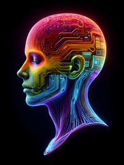 Obraz premium Human head profile with glowing neon circuitry in rainbow colors against a black background