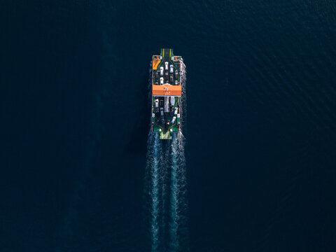 Car ferry top down drone shot