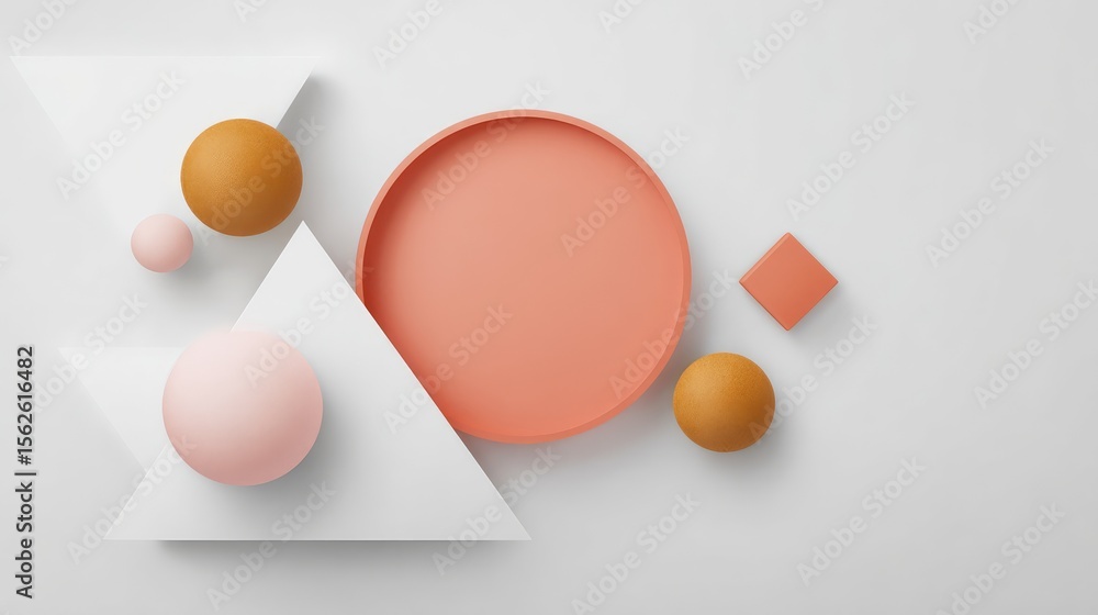 Poster pastel circle elements on white geometric background with triangle and square overlays, clean with c