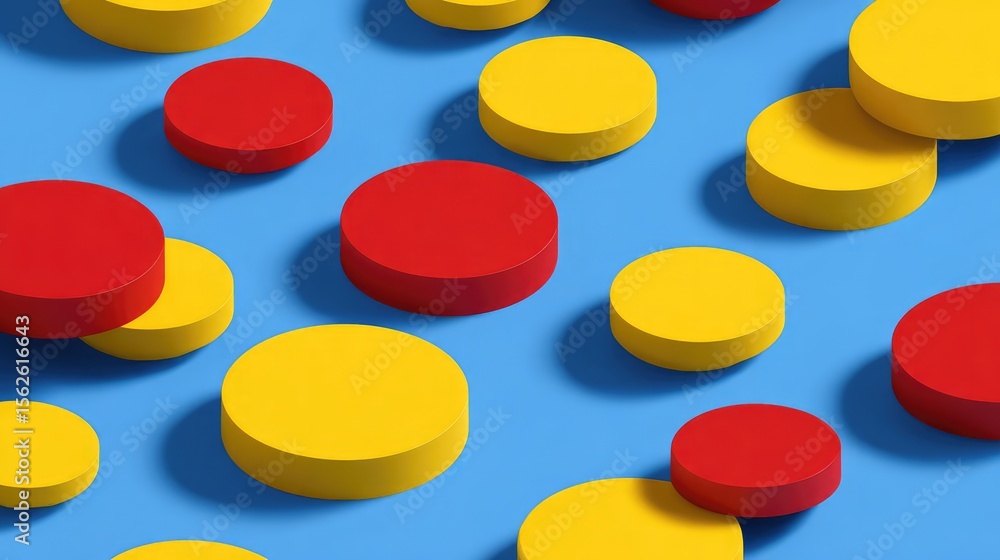 Poster repeating flat circle design in primary colors placed over subtle isometric pattern, clean layout wi