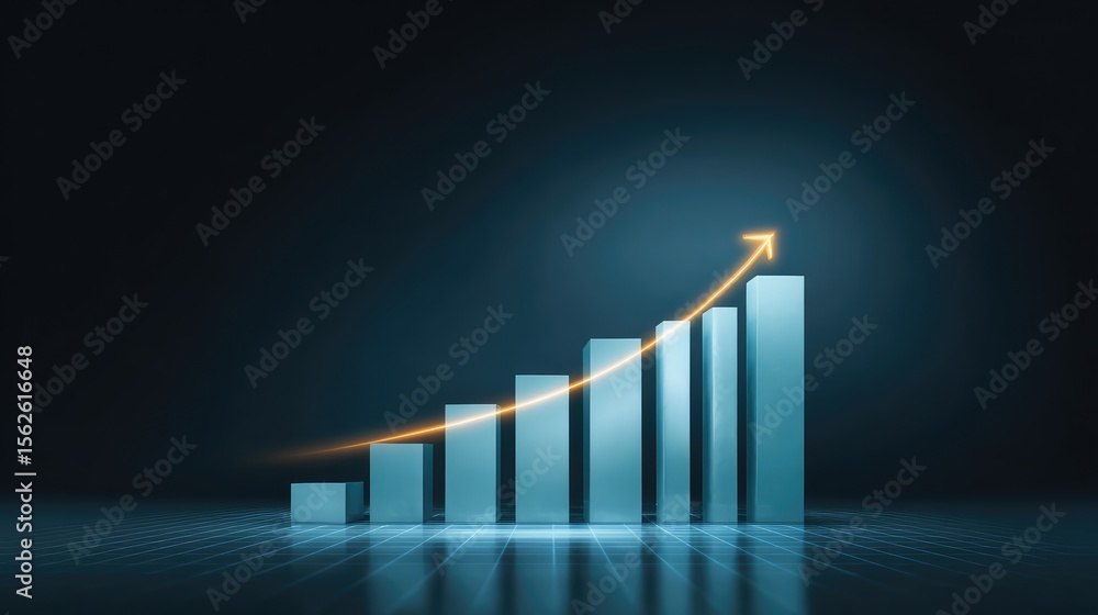 Poster rising bar graph with overlayed line trend and arrow pointing upward, tech interface design and copy
