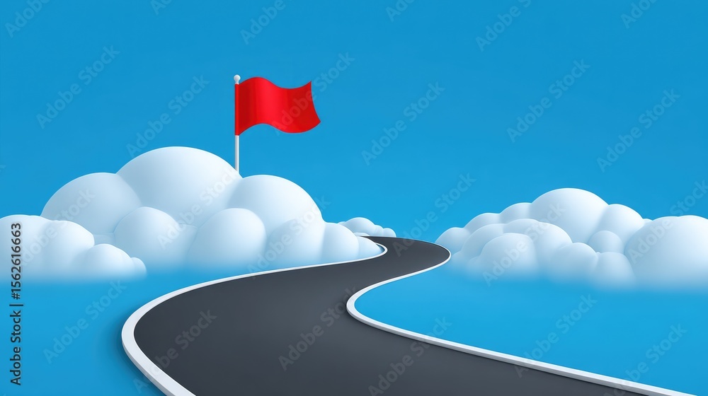 Poster road graphic leading to a flag icon in the distance, clean vector layout with open copy space