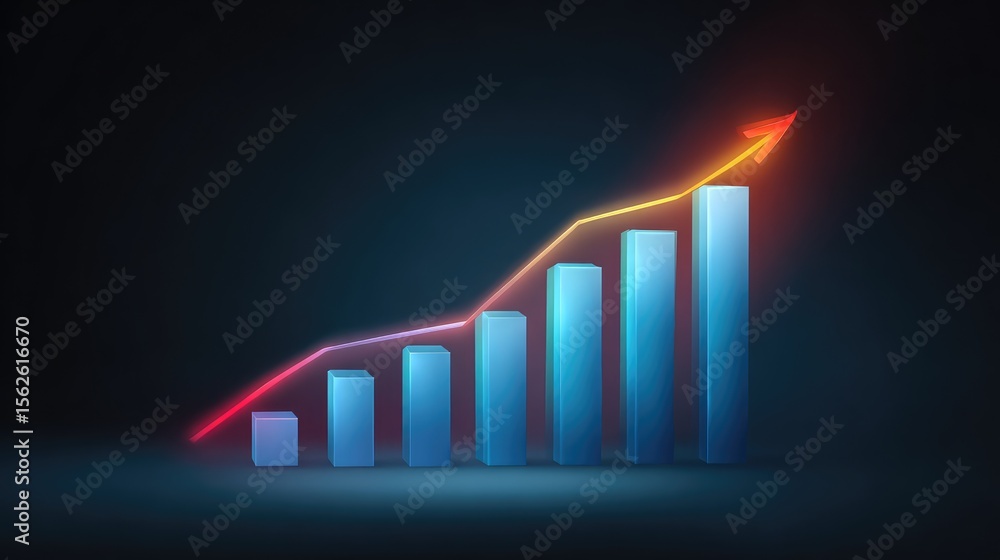 Poster rising bar graph with overlayed line trend and arrow pointing upward, tech interface design and copy