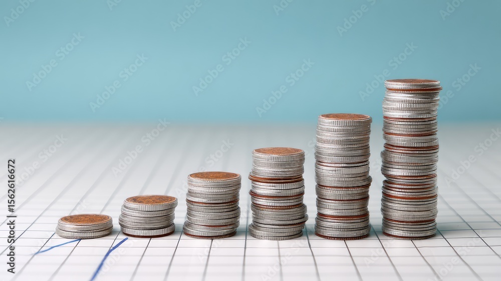 Aufkleber rising columns of coins on a chessboard aligned with a transparent chart line in the background, rep