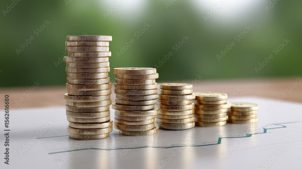 Poster rising columns of coins on a chessboard aligned with a transparent chart line in the background, rep