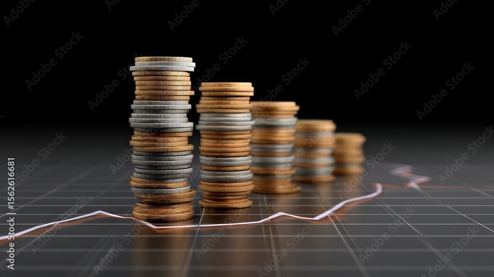 Aufkleber rising columns of coins on a chessboard aligned with a transparent chart line in the background, rep