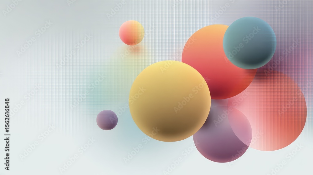 Poster soft abstract background with floating flat circles on a grid of geometric patterns, clean white spa