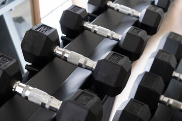 A detailed perspective of neatly arranged black dumbbells on a rack