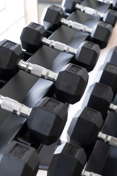 Arrangement of black dumbbells on a gym rack, ready for fitness