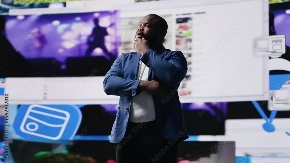 Poster african american digital creator using dashboards with dynamic screens showcasing social media and n