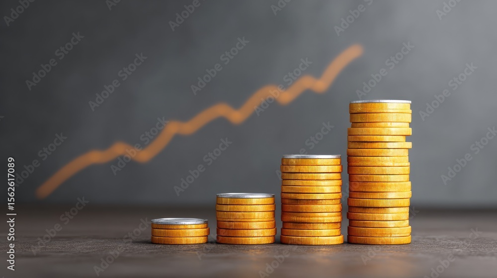Poster visualization of business growth with ascending coins placed on alternating squares and upward chart