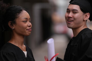 Two graduates in caps and gowns beam with joy, embracing and cheering in celebration. Their wide...