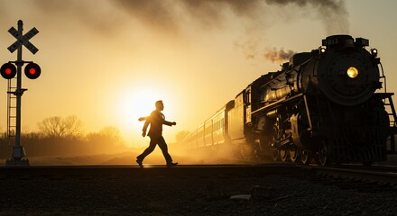 Obraz premium Silhouetted businessman strides across railroad tracks as a steam train passes at sunset.