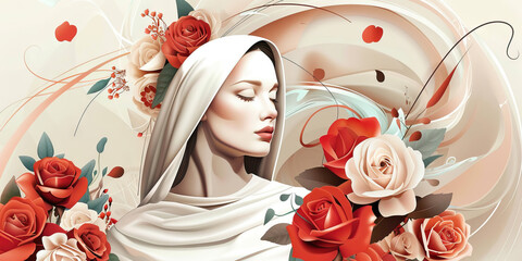 Digital Portrait of Woman with Roses and Abstract Background