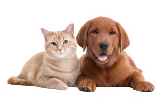 A playful puppy and a curious kitten resting side by side on a clean white surface. showcasing their friendship and companionship in a bright. cheerful setting ideal for pet-related content