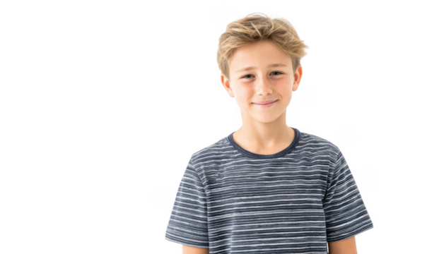 A cheerful young boy with tousled hair wearing a striped shirt stands against a plain white background. smiling warmly. conveying a sense of innocence and joy. ideal for family-oriented projects