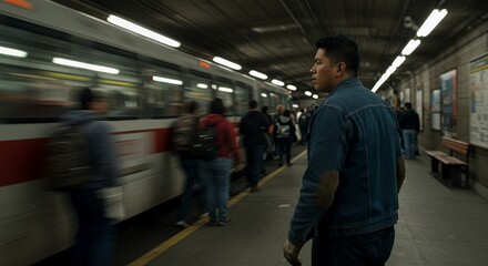 A pensive young man stands on a platform, watching a train speed past, lost in thought as commuters rush by.