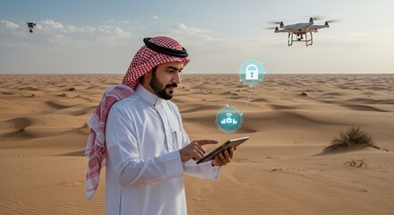 Desert Tech: Man in Traditional Attire Monitors Drone via Tablet, Securely Overseeing Remote Operations.