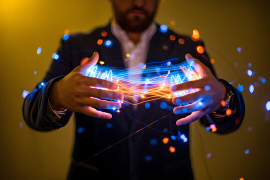 Man in dark suit holding glowing blue and orange light trails with bokeh effect image