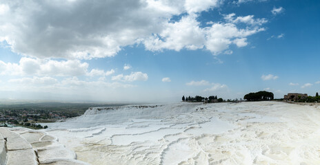 Pamukkale landscape with Natural travertine pools and terraces in Denizli, Turkey