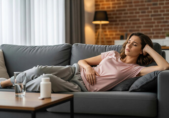 Obraz premium Woman experiencing abdominal pain while resting on a sofa at home, possibly due to stomach ache, menstruation, or indigestion. Ideal image for health, wellness, and medical-related content.