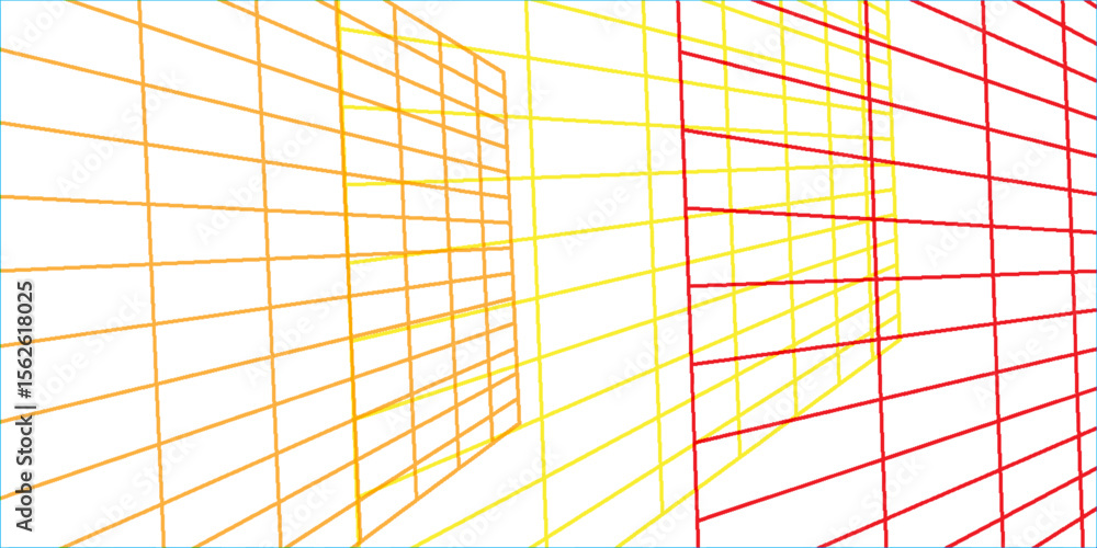 Poster colorful abstract wireframe grid with gradient transition from orange to red on white background, mo