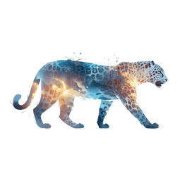 A vibrant watercolor illustration of a leopard gracefully walking. showcasing its unique spotted fur and dynamic movement. with splashes of color adding an artistic flair