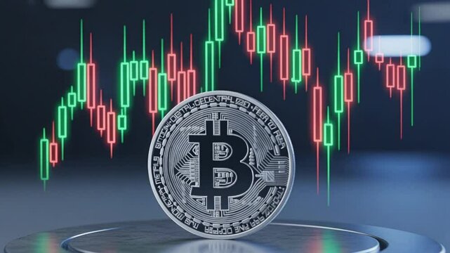 Bitcoin with candle bars in background, Crypto
