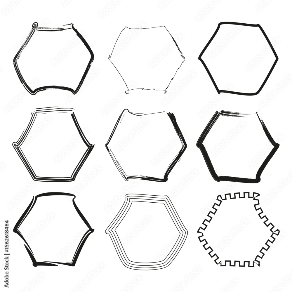 Poster hexagon frame icons. angled border set. geometric outline vector. minimal honeycomb shapes.