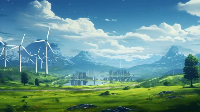 Gen-4 Turbo A backdrop showcasing renewable energy, featuring eco-friendly elements like wind turbines and solar panels set against a bright, natural landscape—symbolizing sustainability, clean techno - Powered by Adobe
