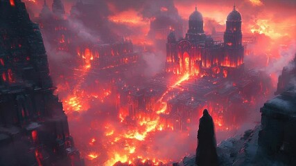 A fiery city ablaze, shrouded in smoke, a lone figure watches - Powered by Adobe