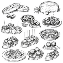 Tapas Assortment Sketch. Variety of Spanish small dishes, black and white hand-drawn illustration, food icons, bar snacks, appetizer variety, event catering