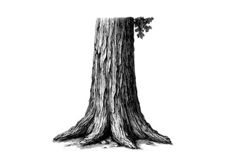 Sequoia Tree Trunk vintage engraving, botanical illustration, rustic woodland sketch, eco-friendly nature print, retro tree decor, detailed sequoia bark drawing, black and white art, forest art print