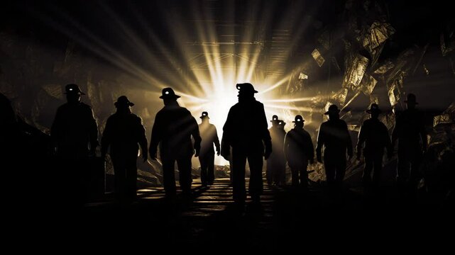 Gen-4 Turbo A banner depicting mining operations showcases the dramatic silhouette of miners wearing headlamps as they descend into an underground coal mine, set against a dimly lit backdrop to convey