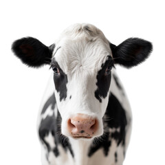 A close-up portrait of a black and white dairy cow. showcasing its unique facial features and markings. against a clean white background. ideal for agricultural and animal-themed projects