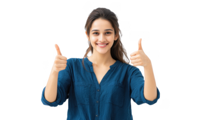 A young woman with long hair smiles and gives a thumbs-up gesture. wearing a casual blue shirt. against a plain white background. conveying positivity and confidence