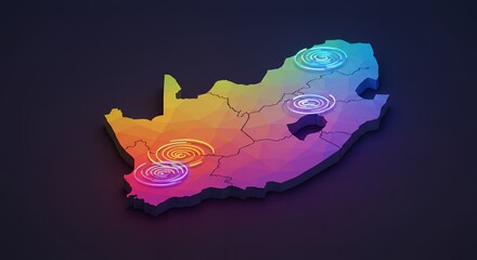 Vibrant polygonal map of a southern African country showcases glowing energy swirls.