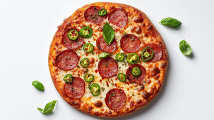 Spicy salami pizza with chili flakes, jalapeno slices, and basil leaves, perfect for bold menu covers, food blogs, or party flyers