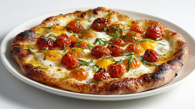 Wood-fired pizza with blistered crust, heirloom tomatoes, mozzarella, and fresh basil, perfect for upscale pizzerias and food styling